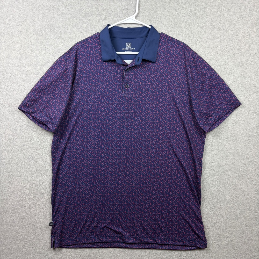 Mizzen Main Polo Shirt Mens XL Blue Floral Print Golf Performance Stretch Jersey